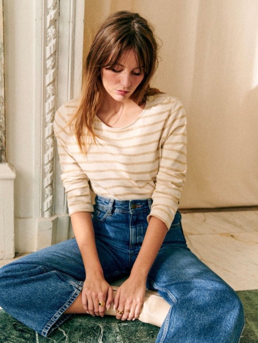 Sezane Colette Marinière top Ecru Gold Size XS
